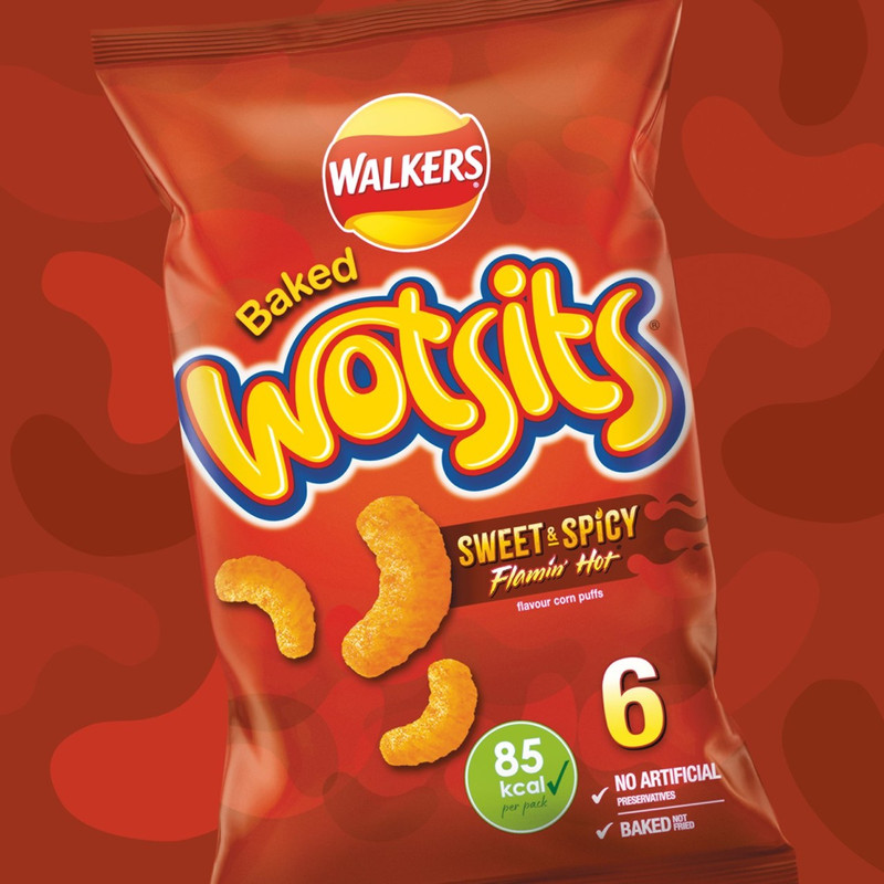 Walkers Wotsits Sweet and Spicy Snacks, 6 x 16g, pack shot 3, available at crisps.biz