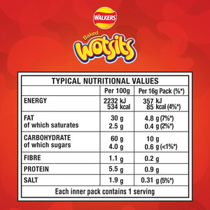 Walkers Wotsits Sweet and Spicy Snacks, 6 x 16g, pack shot 5, available at crisps.biz
