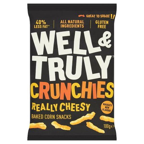 Well and Truly Crunchies Really Cheesy Baked Corn Snacks, 100g, front of pack, available at crisps.biz