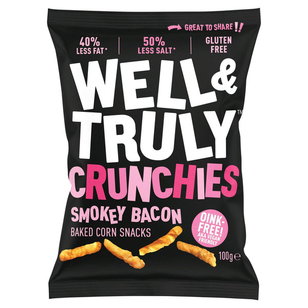 Well and Truly Crunchies Smokey Bacon Baked Corn Snacks, 100g, front of pack, available at crisps.biz