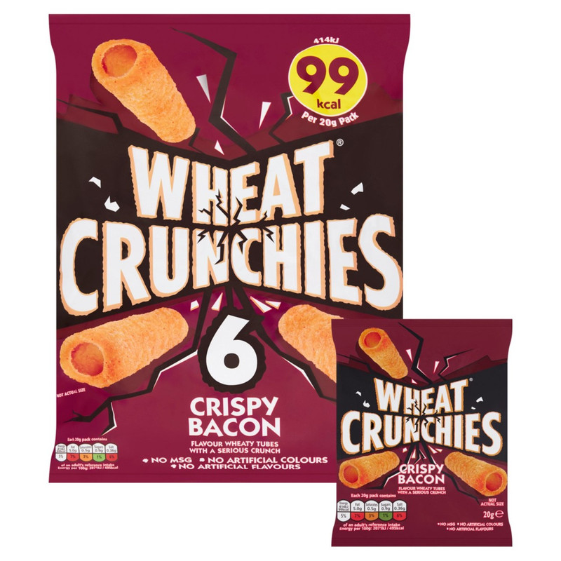Wheat Crunchies Crispy Bacon Snacks, 6 x 20g, pack shot 2, available at crisps.biz